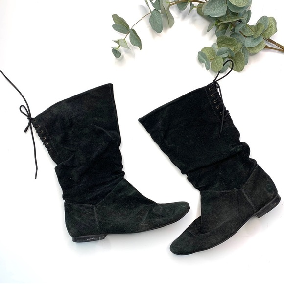 Vintage Black Leather Lace up Back Boots size 8 - Picture 1 of 7
